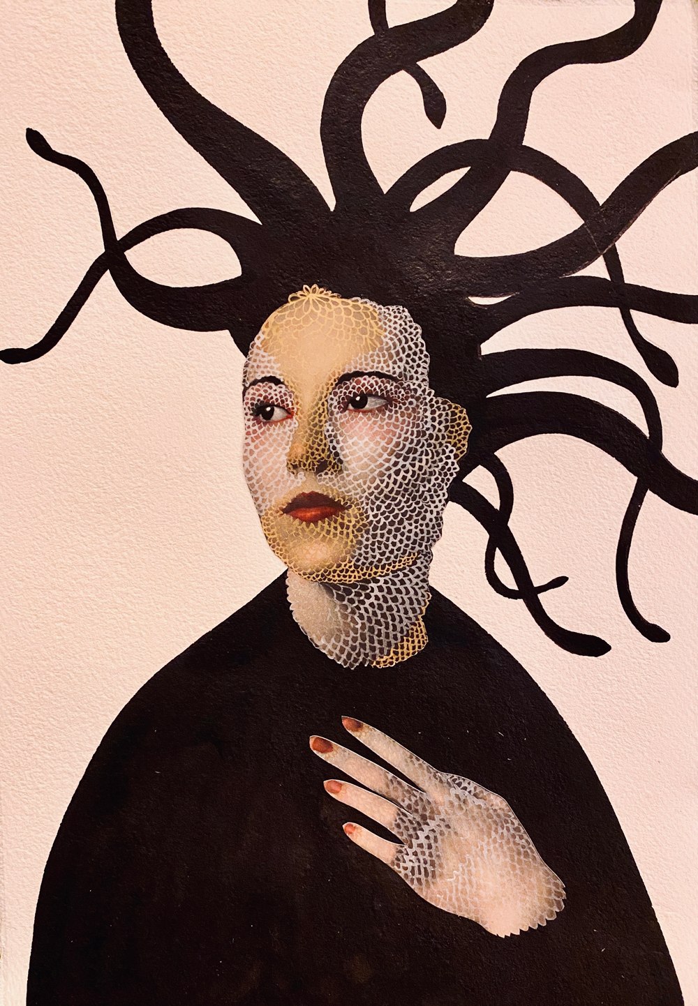A mixed media portrait of a figure in black looking off to the side with her hand on her chest. She is pale with white and gold scales on her skin and her hair is a silhouette of tangled snakes. Her lips and nails are painted ruby red.